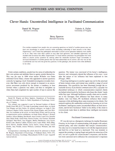 Picutre of page one of "Clever Hands: Uncontrolled Intelligence in Facilitated Communication." 